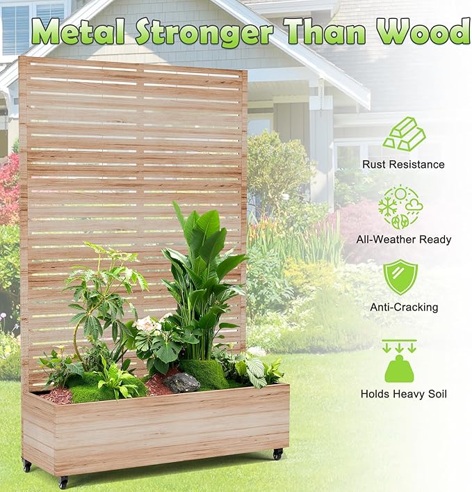 15.7×70.9×47.2 Metal Raised Garden Bed with Trellis and Wheels - Tall Trellis Planter Box for Climbing Plants Vegetables &amp Vines - Outdoor Privacy Planters for Patio (Acacia Wood Grain)