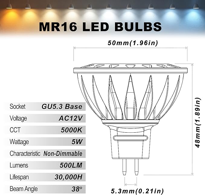 ALIDE 5W MR16 5000K Daylight White Led Bulbs GU5.3 MR16 20W 50 Watt Halogen Replacement 12V Low Voltage Light Bulb for Accent Outdoor Landscape Track LightingNot Dimmable500lm38 Deg6 Pack