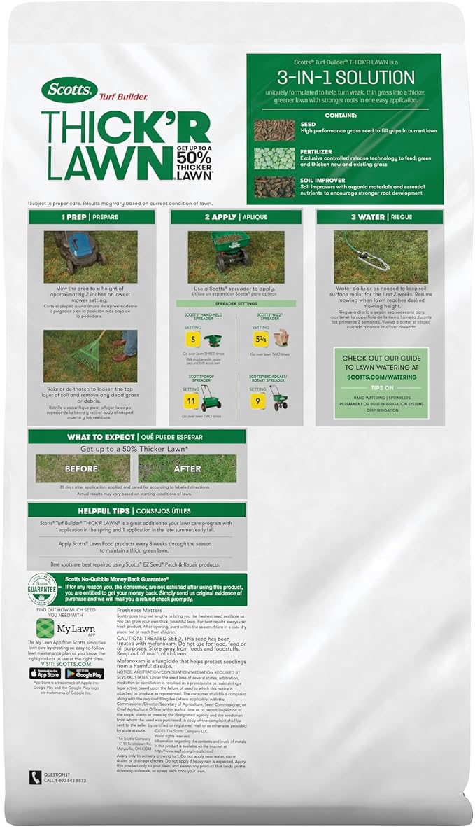 Scotts Turf Builder Thick'R Lawn Sun and Shade Combination Seed Fertilizer and Soil Improver Thickens Thin Grass 10 lbs.