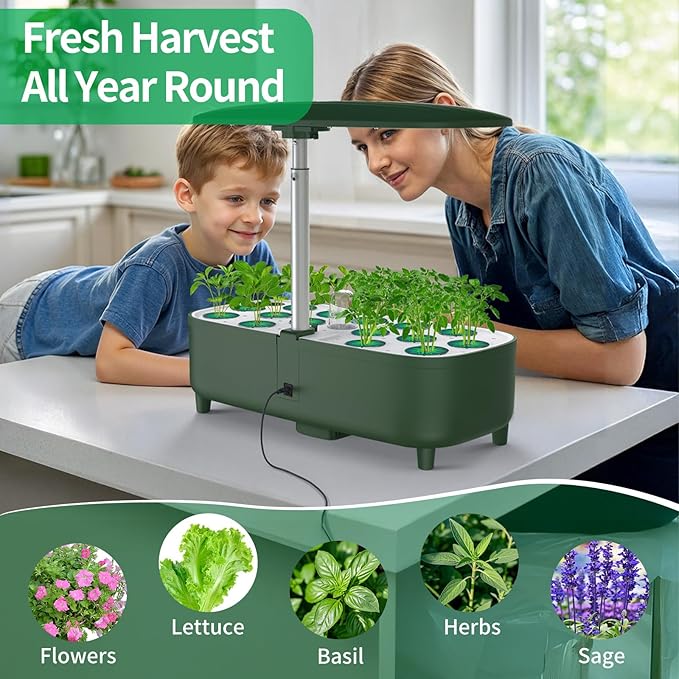 Hydroponics Growing System Kit Indoor Aeroponics Herb Garden Kit 15 Pods 3 Grow Modes 24H Timer Gardening System Quiet Smart Water Pump Hydroponic Planter Summer/Winter Use (Dark Green)