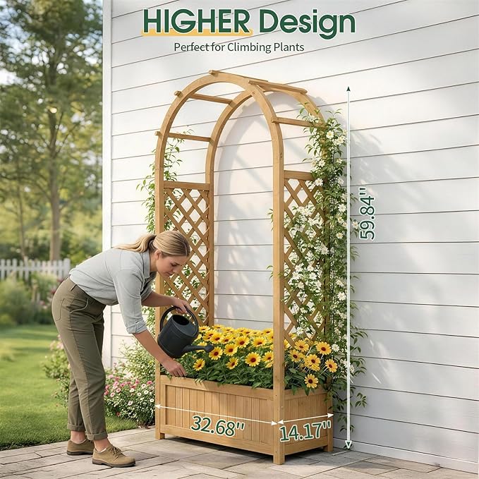 VINGLI Raised Garden Bed with Trellis &amp Hanging Roof Wooden Garden Bed Outdoor Planter Box for Yard Garden Balcony (Natural Wood Color Arched)
