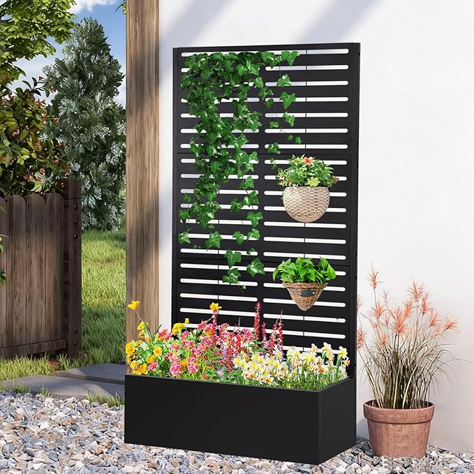 Metal Raised Garden Bed with TrellisPlanter Box for Climbing Plants Vegetables &amp Vines Features Drainage Holes and Privacy Screen.raised garden beds outdoor planters for porch (White 71x35x1