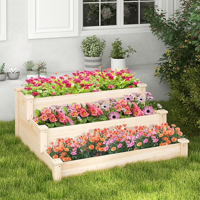 Giantex 3-Tier Raised Garden Bed Tiered Planter Box w/Open-Ended Base Fir Wood Elevated Raised Beds for Gardening Vegetable Flower Herb Fruit Perfect for Patio Lawn Backyard