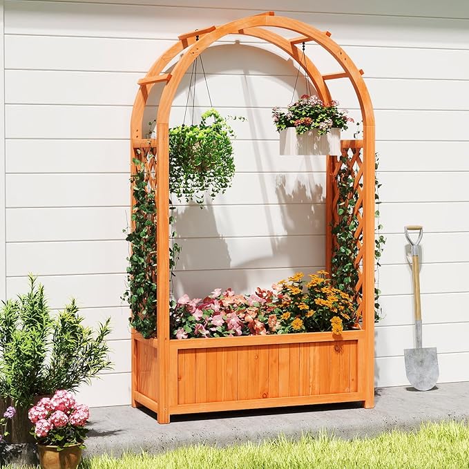 Giantex Set of 2 Raised Garden Bed with Arch Trellis for Climbing Vine Flower Vegetable Wood Planter Box with Liner &amp Drainage Design Outdoor Plant Container for Yard Balcony (33x14x58)