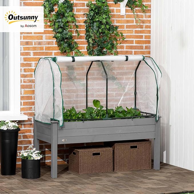 Outsunny Raised Garden Bed with PE Greenhouse Cover Outdoor Elevated Wood Planter Box for Herbs and Vegetables Use for Patio Backyard Balcony 48 x 22 x 46 inch Dark Gray