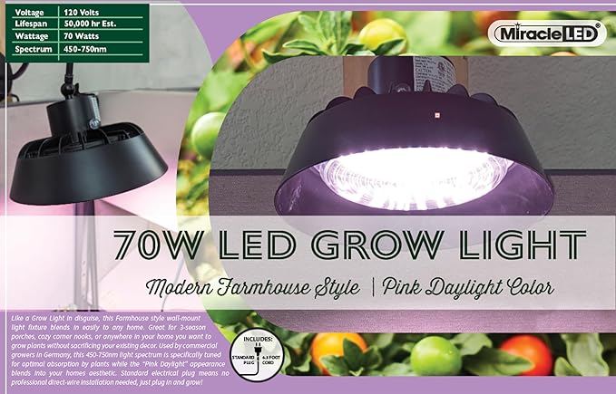 Miracle LED 70W Elegant Barn Vibe Indoor/Porch LED Grow Light with Pink Spectrum Daylight for Herbs and Vegetables and at Home Produce Growing.