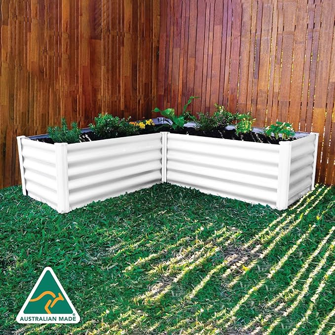 ABSCO The Organic Garden Co. Premium Galvanized DIY 4' x 3' L Shaped Garden Bed with Easy Assembly Superior Drainage Surfmist White Steel Metal Planter Box 12 Walls for All Plants