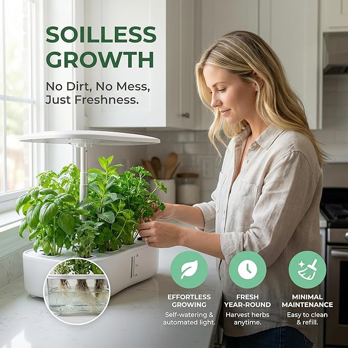 Hydroponics Growing System Kit Soil-Free Indoor Herbs Garden 12 Pods Plant Growth Equipment with 24W Full Spectrum LED Grow Light Smart Silent Cycle Water Pump 3.8L Tank for Gardening