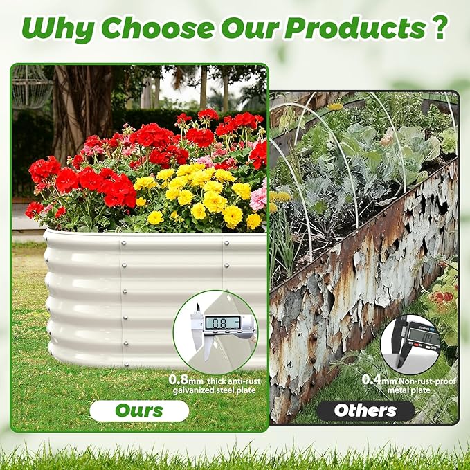 17 Tall Outdoor Garden Raised Garden Bed Kits 5ft X 2ft Oval0.8MM Thick Metal Raised Planter Bed/Ground Planter Box for Variety of FlowersHerbsVegetables (Cream White 60X24X16.5 Inches)