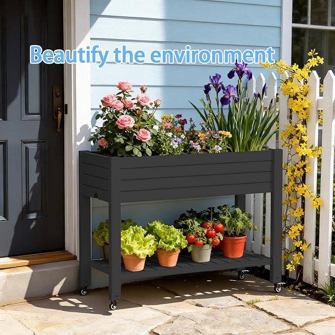 43 Elevated Garden Bed with Wheels &amp Legs 78L/21 Gal Large Raised Planter Box with Drainage &amp Water Level Indicator Mobile Herb Garden Kit for Patio &amp Balcony Black