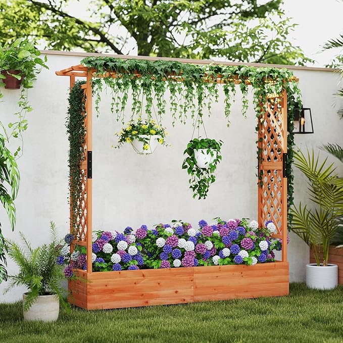 Giantex Raised Garden Bed with Trellis &amp Hanging Roof Wood Planter Box with Bottom and Drainage Holes Freestanding Garden Planter for Flower Vegetable Fruit Herb Climbing Vines 77x17x72