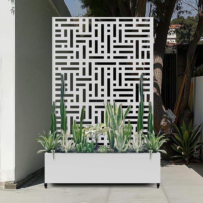 Large Raised Garden Beds with Trellis &amp Wheels Metal Planter Box with Privacy Screen for Climbing Plants Vegetables Fruits 47L Garden Boxes Outdoor with Drainage Holes (White Street)
