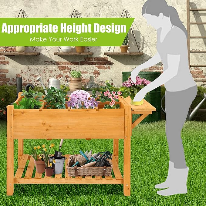 Giantex Planter Raised Bed Elevated Raised Garden Box with 8 Grids and Side Work Table Outdoor Wood Plant Container Backyard Patio (48.5 Lx21 Wx31.5 H)