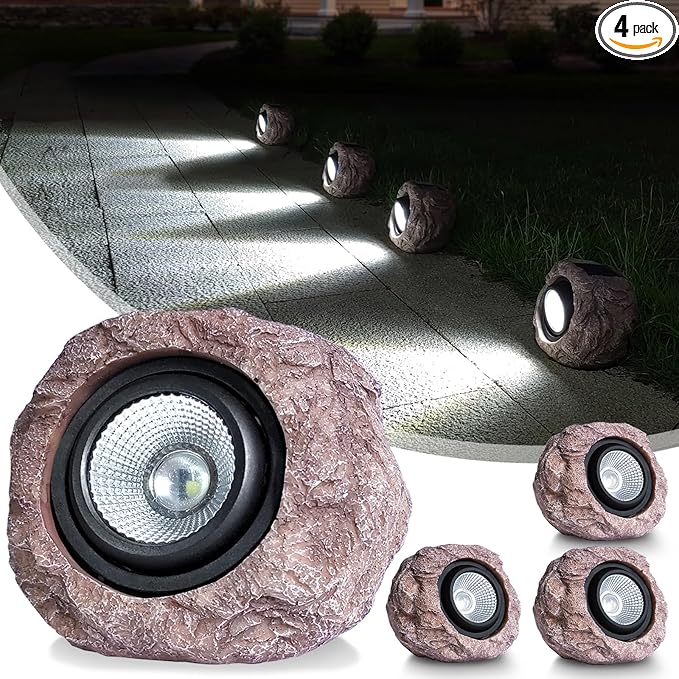 Solar Rock Lights Outdoor Waterproof - [4 Pack] Realistic Stone Solar Powered Garden Lights LED Decorative Landscape Lighting for Pathway Yard Walkway Lawn Rockery Warm White