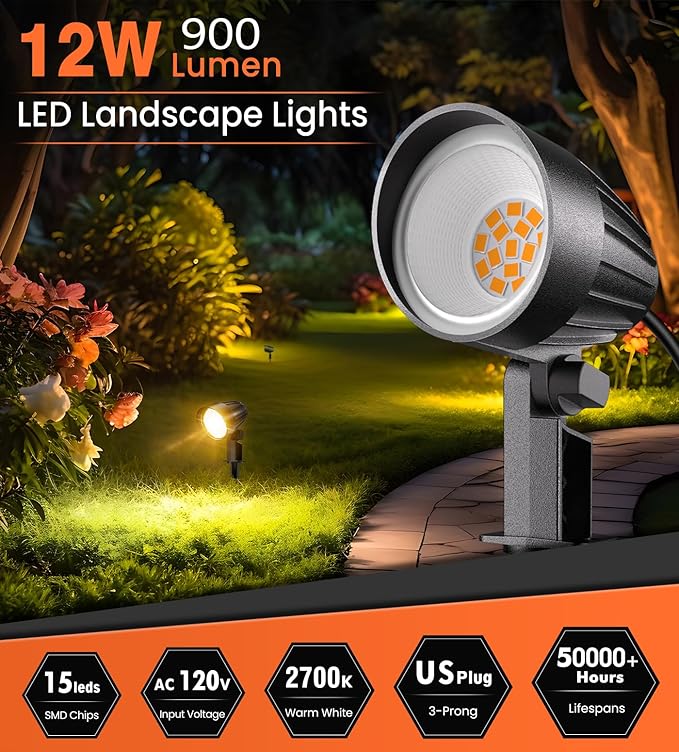MEIKEE 12W Landscape Lighting 120V 2700K Warm White LED Garden Lights IP66 Waterproof Outdoor Landscape Spot Lights with US Plug for Wall Tree Fence Yard Path (2 Pack)