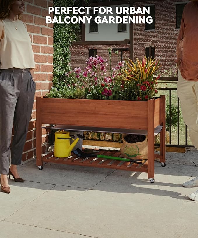 GarveeHome Raised Garden Bed 48x24x32 in Mobile Elevated Wood Planter Raised Beds w/Lockable Wheels Storage Shelf and Protective Liner for Indoor/Outdoor GardeningAcorn Brown