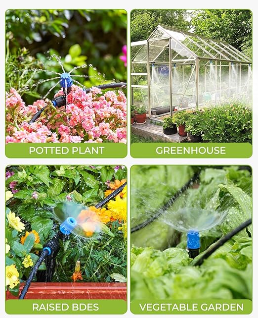HIRALIY 128FT Drip Irrigation System Quick Connector Garden Watering Automatic Sprinkler Kit for Lawn Raised Bed Greenhouse Misting System with 3 Kinds Dripper Adjustable Nozzle