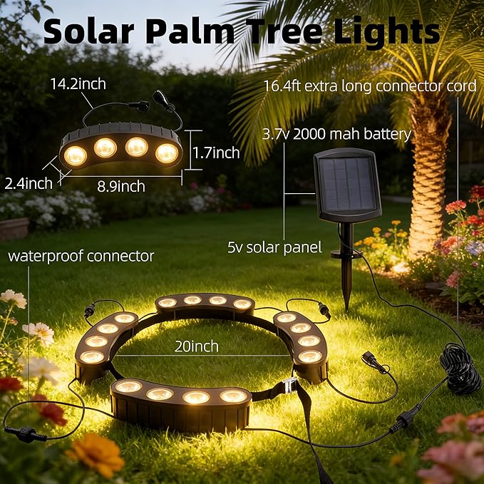 Solar Tree Lights Outdoor Palm Tree Ring Lights with 3-in-1 Tie/Stake/Hang Installation 50LM Warm White LED Tree Uplighting 2000mAh Battery IP65 Waterproof Solar Tree Spotlights for Yard Garden