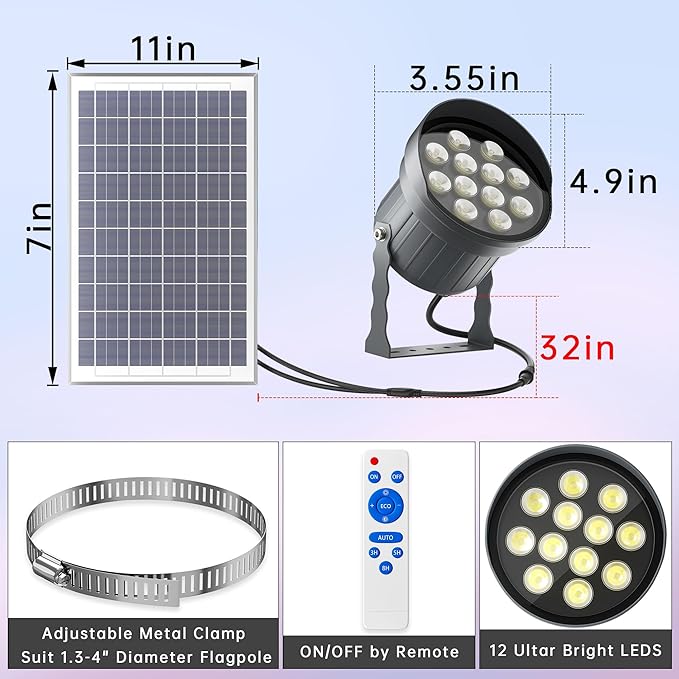 Ofuray Solar Flag Pole Light - Upgrade Big Solar Light for Outdoor Flagpole Dusk to Dawn with Remote Control Fits 0.5-4'' Diameter
