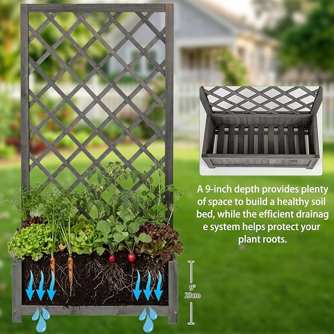 Wooden Raised Garden Bed with Trellis 47 Outdoor Planter Box for Climbing Plants Vertical Modern Gray Garden Planter for Vegetables Flowers &amp Vines Lattice Plant Support for Patio Yard Balcon