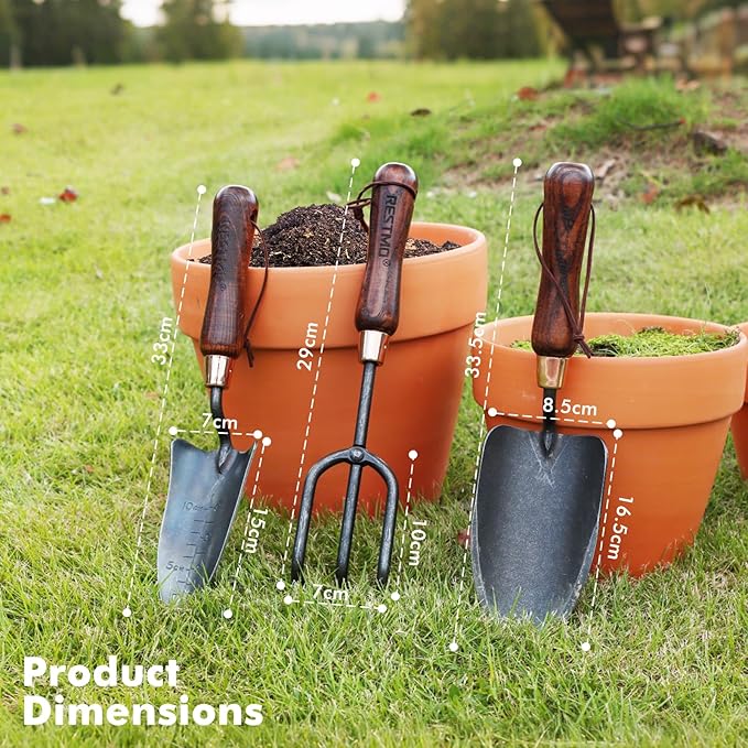 RESTMO 3-in-1 Heavy Duty Gardening Tools Kit Premium Carbon Steel Garden Hand Tools with Ergonomic Wooden Handle Includes Trowel Transplanter and Cultivator Ideal Gardening Gifts for Gardener