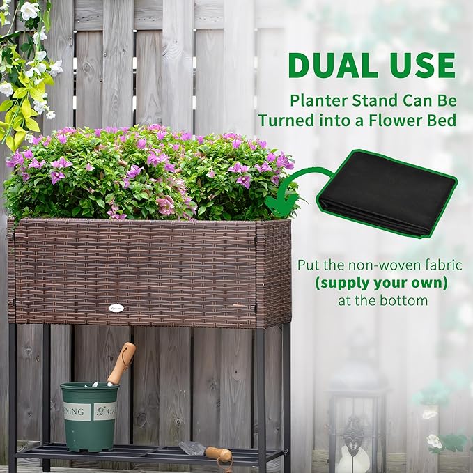 Outsunny Raised Garden Bed Elevated Planter Box with Rattan Wicker Look Tool Storage Shelf Portable Design for Herbs Vegetables Flowers Brown