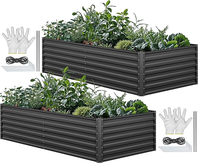 YITAHOME 8x4x2ft 2pcs Large Raised Garden Bed Kit Galvanized Metal Planter Box with Gloves Ground Nails &amp Safety Rubber Outdoor Above Ground Planters for Plants Vegetables Flowers Black