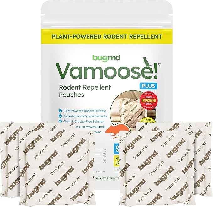 BugMD Vamoose! Plus Peppermint Oil Mouse Repellent Pouches | Natural Mice Repellent Indoor &amp Rat Deterrent for House Garage RV Car &amp Storage | Plant-Powered Rodent Control - 1 Pack - 4 Pouc