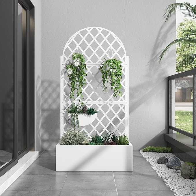 Casaphoria Metal Raised Garden Bed with Trellis and Wheels 72x35x16 Arched Planter Box for Climbing Plants Vegetables &amp Vines Features Drainage Holes and Privacy Screen (White-Rhombus)