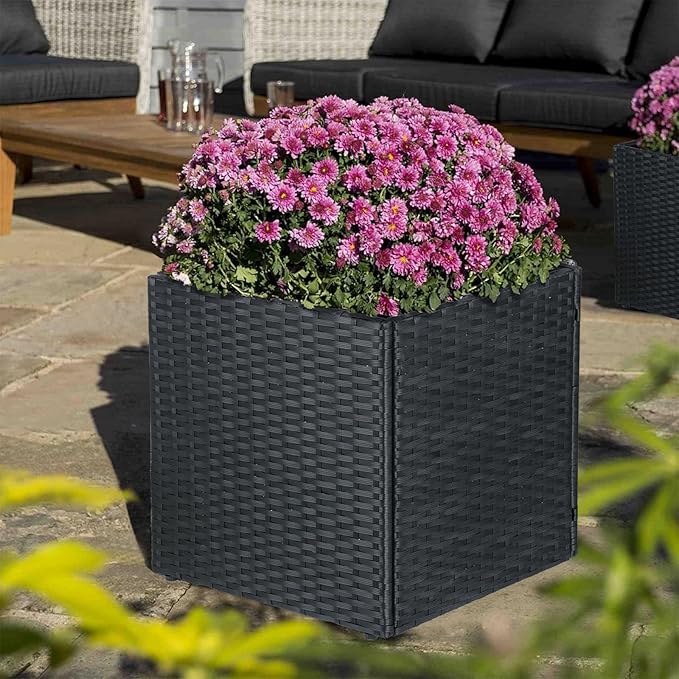 SUNNYPARK Set of 2 Large Square Planter with Removable Liner All-Weather PE Rattan Modern Planters Indoor Outdoor Flower Plant Pots Garden Box Patio Yard Front Porch Deck