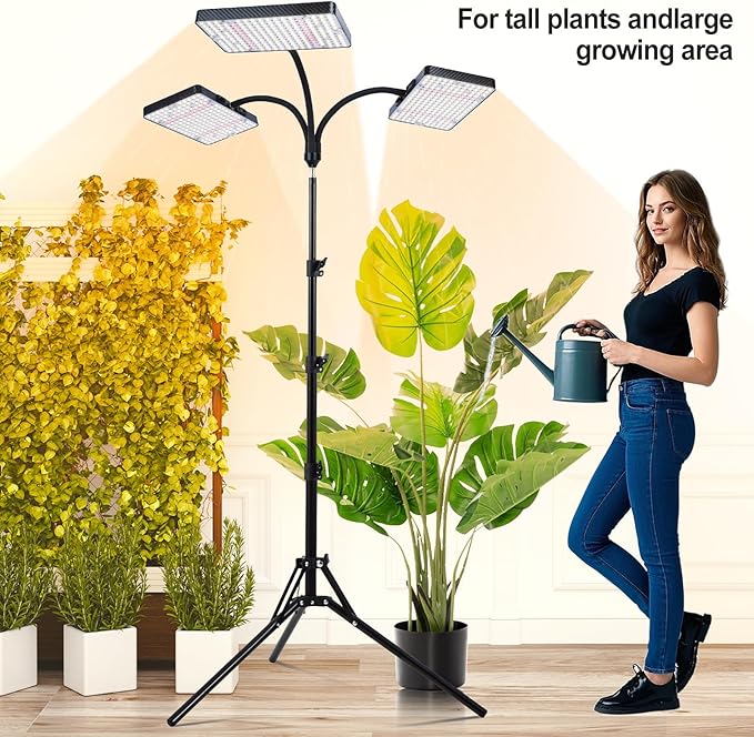 3Head Grow Light with Stand 75 Watt Bright Enough and Big Coverage Natural Sunlight Full Spectrum Plant Growing Lamps for Tall&ampLarge Indoor Plants Bonsai Tree 4/8/12/16/20H 5-Mode Timer