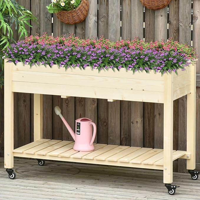 Elevated Herb Garden BedWooden Standing Planter Box with WheelLegs and Storage ShelfPatio Raised Garden Bed for HerbsVegetablesFlowers (Cream White 46.5 Inch)
