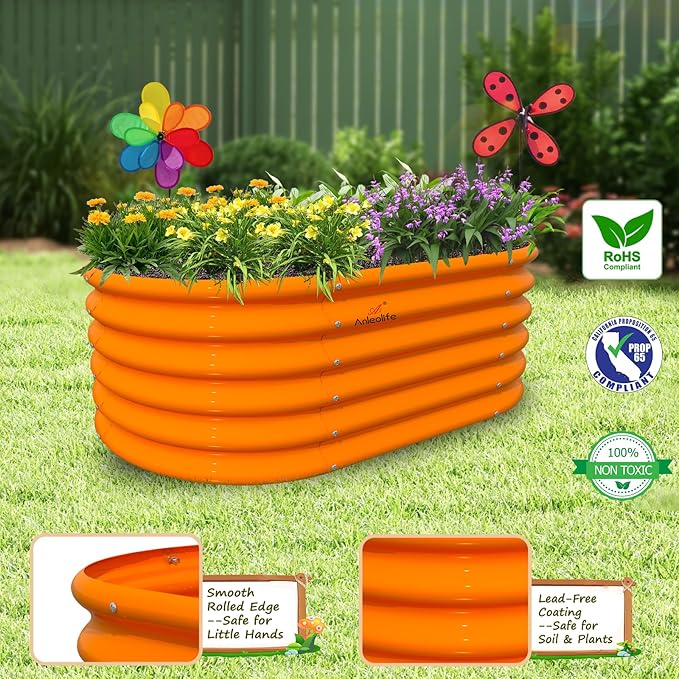 A ANLEOLIFE Kids Mini Raised Garden Beds Outdoor (3-Pack)-40x24x18in Oval Round Galvanized Metal Planter Box for Planting Vegetables Flowers Fruits Eco-Safe &amp Easy Setup Peach Orange