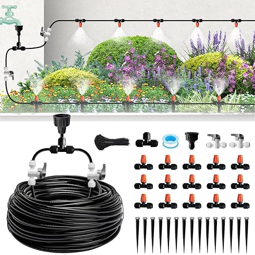 Mist Drip Irrigation System for Garden Watering 60FT 1/2 &amp 1/4 Quick-Connect Micro Misting kit for Greenhouse Plant Lawn Raised Bed Vegetable Flower. Hanging or Inground Misters Sprinkler