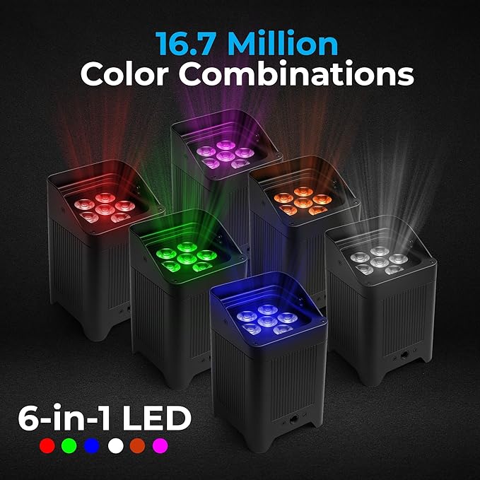 Portable 6X6 Dynamic Stage Lighting – Wireless Battery LED Par Lights DJ Lighting Party Lights with 6x18W RGBWAUV DMX512 Remote 15°-40° Lens 15h Runtime (Black)