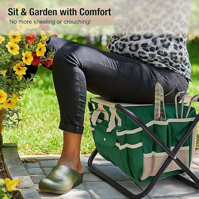 GardenHOME 7-Piece Green Gardening Tool Set – Stainless Steel Tools with Wooden Handles Folding Stool &amp Canvas Tote Durable Garden Kit for Every Gardener