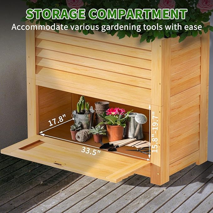DoCred Wooden Raised Bed Garden with Storage Box 34 x 18 x 30 Elevated Large Planter Box for Herbs Vegetables Flowers Backyard Patio Gardening Balcony