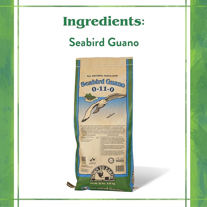 Down To Earth All Natural Fertilizers Organic Seabird Guano - High Phosphorus Plant Food for Buds Blooms Flowers 0-11-0 20 lb