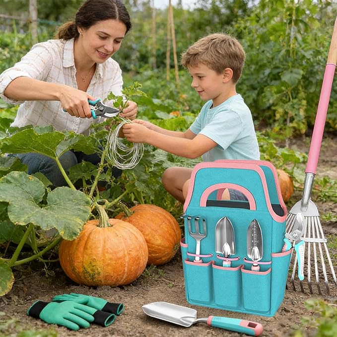 Garden Tool SetPlanting Trowel Rake Gloves with Pruner - Garden Set with Tote - for Indoor Outdoor Lawn Backyard Patio Balcony Greenhouse