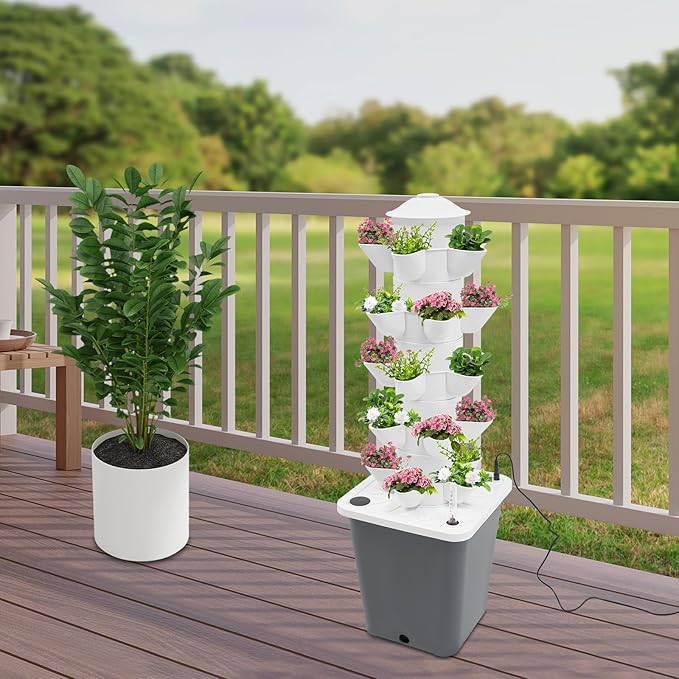 Hydroponic Tower Vertical Planter Tower Hydroponics Growing System Kit Food Grade Home Gardening Mechanism with 25 Pods (Grey)