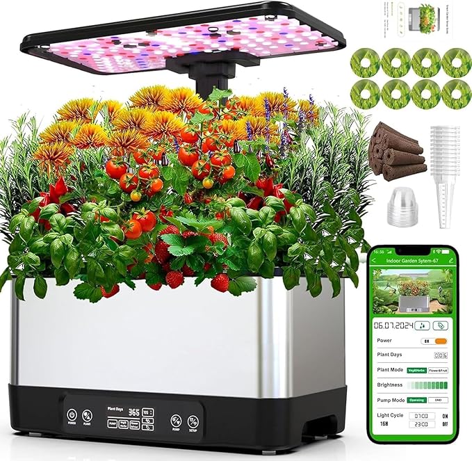 hydroponics Growing System 8 Holes Indoor herb Garden with app Control Vegetables Fruits Flowers Mode LED Customized Spectrum 30cm Height Adjustable Touch Screen Indoor Garden Black