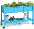 YITAHOME Raised Garden Bed HDPE 47x18x31In Raised Flower Bed Poly-Wood Weather-Resistant Elevated Planter Box with Lockable Wheels &amp Storage Shelf for Vegetable Flower Aruba Blue
