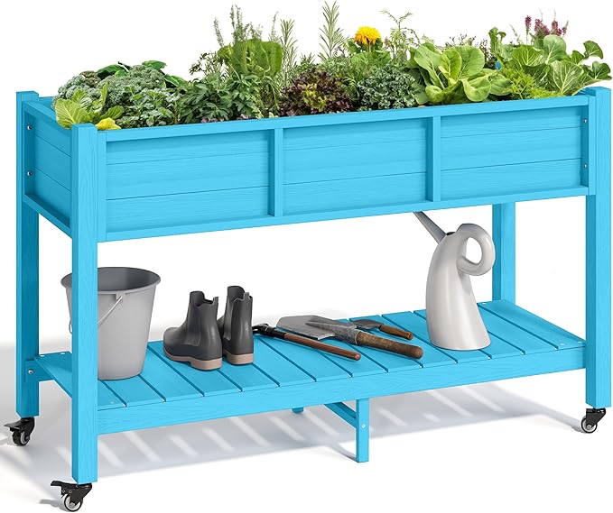 YITAHOME Raised Garden Bed HDPE 47x18x31In Raised Flower Bed Poly-Wood Weather-Resistant Elevated Planter Box with Lockable Wheels &amp Storage Shelf for Vegetable Flower Aruba Blue