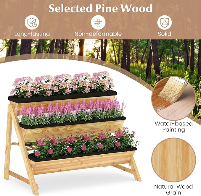 Giantex 3-Tier Vertical Raised Garden Bed Wood Elevated Planter Box with Legs Storage Shelf Liners for Growing Vegetables Herbs Flowers Indoor Outdoor Freestanding Raised Bed for Patio (Natural)