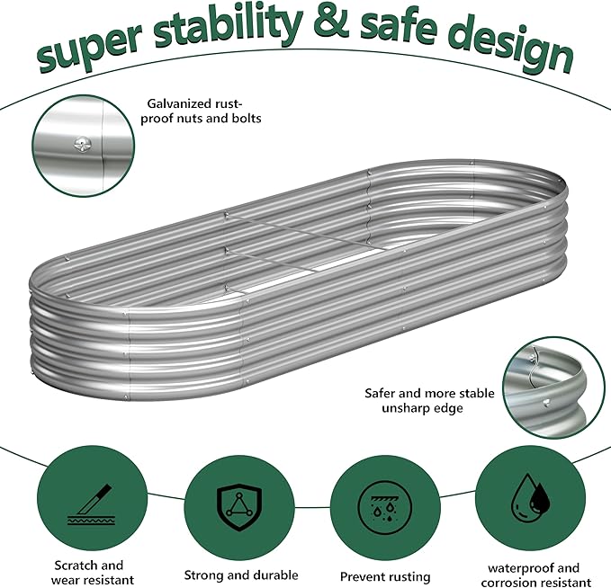 2PCS 8x2x1FT Galvanized Raised Garden Bed KitVegetable Boxes-Oval Metal Flower BoxLarge Planter Raised Beds Outdoor Garden for PlantingFruitHerb-Silver