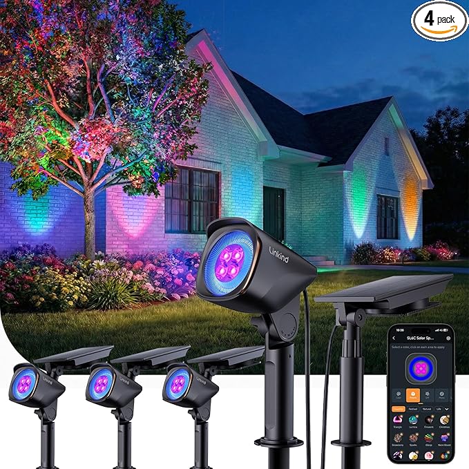 Linkind Smart Solar Lights Outdoor Waterproof SL6C Dual-Ring Solar &amp USB Charging Solar Spotlights Outdoor Waterproof IP66 Color Changing Spot Light for Yard Tree Landscape House 4 Pack