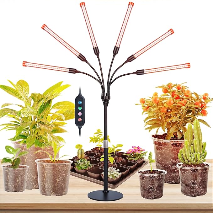 FECiDA 2026 6Head Table Top Grow Lights for Seed Starting Indoor Plants Bonsai 54 Watt Power Draw NO Need Adapter 4/8/12/16/20H Timer 16-24 Height Adjustable Big Coverage