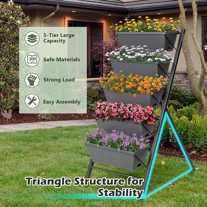 5-Tier Vertical Raised Garden Bed 22.5 x 27 x 45 inch Food Safe Garden Planter with Independent Drainage System Horticulture Planter Box for Patio Balcony Greenhouse Garden