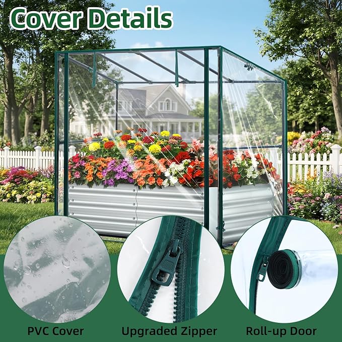 Ohuhu Raised Garden Bed with Cover Outdoor 4x2x1 FT Galvanized Metal Planter Box with PVC Greenhouse Cover Protects Plants from Frost Birds Insects 3-in-1 Gardening Set for Vegetable Flower Herb