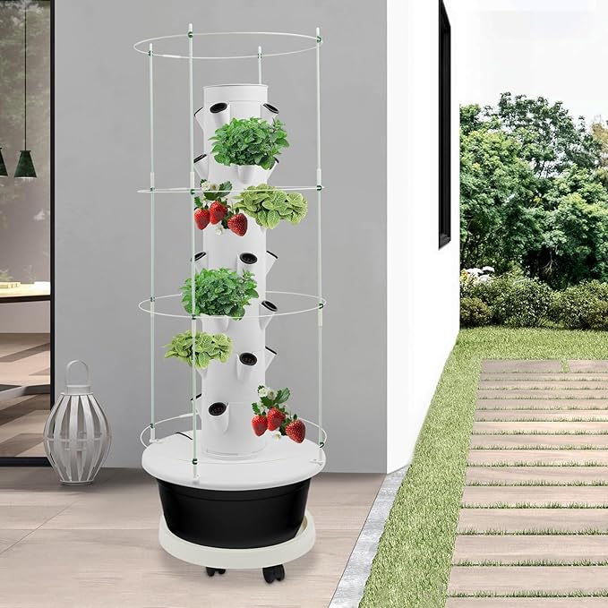 Hydroponic Growing System Kit Vertical Hydroponic Tower with Climbing Trellis Indoor &amp Outdoor Herb Garden Vegetable Tower with 28 Planting Pods for TomatoesStrawberries (White and Black)